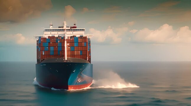 A colossal cargo ship sails through a shimmering blue ocean, its deck stacked high with colorful containers 1