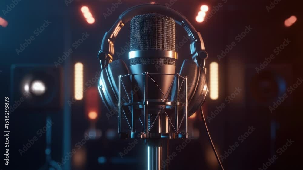 Poster a close-up shot of a microphone with a pair of headphones placed on top