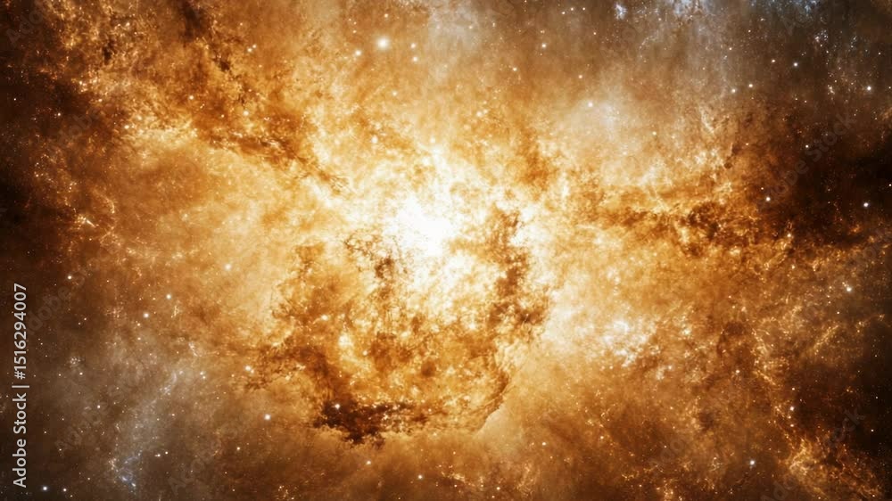 Poster a bright orange galaxy with stars in the background, suitable for use in space-themed designs and pr