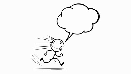 Vector Stick Figure of Scared Man Running Away with Empty Speech Bubble – Cartoon Businessman in Panic