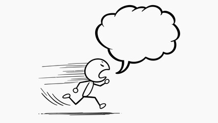 Vector Stick Figure of Scared Man Running Away with Empty Speech Bubble – Cartoon Businessman in Panic