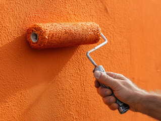 Painter paints the orange wall with a roller, close-up