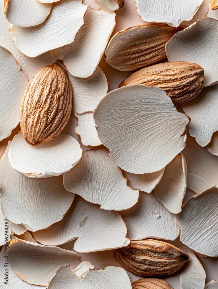 Poster close-up of a group of almonds scattered on a white surface. the almonds are of different sizes and 