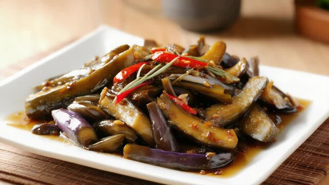 Delicious stir-fried eggplant with garlic red chili and soy sauce served on a white dish, flavorful vegetable dish perfect for lunch or dinner, close-up