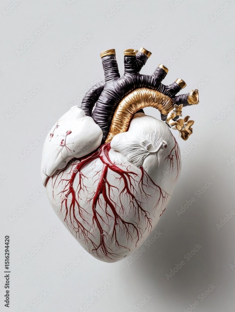 Poster 3d rendering of a human heart. the heart is shown from the side, with the top half of the heart faci