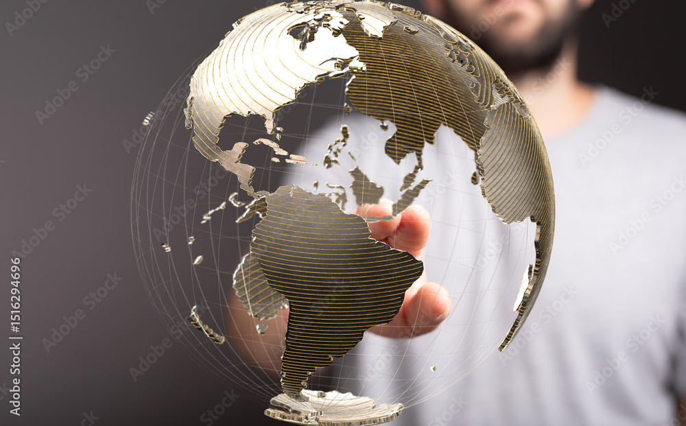 Poster a hand interacts with a transparent globe, symbolizing global connection and networking.