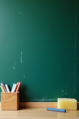 A chalkboard with faint erased marks, a box of chalk and a sponge