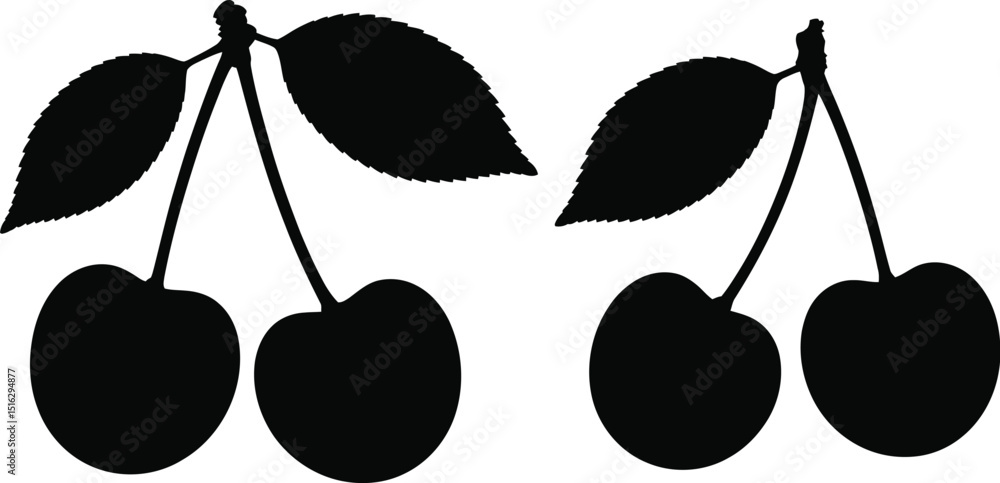 Poster two cherry clusters in black silhouette with leaves and stems on a white background in simple style