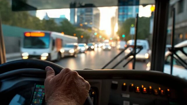 Dynamic view from bus driver seat speeding through city, pov. Hands grip steering wheel. Blurred cityscape, road, high speed. Thrill of driving. Public transport.