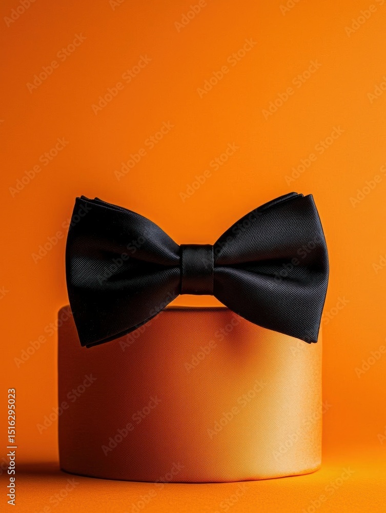 Poster close-up of a black bow tie on top of an orange box. the bow tie is in the center of the image and i