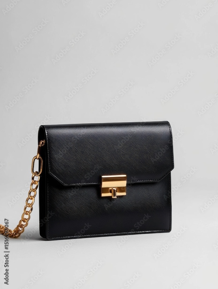Poster the image is of a black leather clutch bag with a gold chain strap. the bag has a rectangular shape 