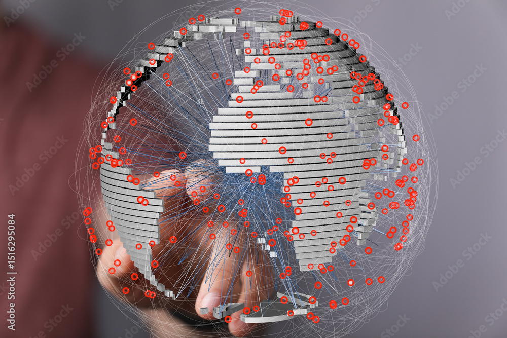 Poster hand interacting with a 3d model of global network connections, showcasing data points and communica