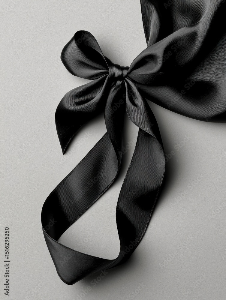 Poster close-up of a black ribbon tied in a bow. the ribbon is made of satin and has a smooth texture. the 