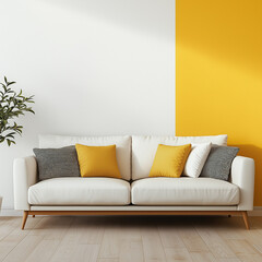 A soft white sofa adorned with yellow and gray pillows sits against a bright split-tone wall of white and yellow, creating a cheerful and cozy ambiance. The light wooden flooring adds warmth, while an