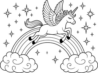 Magical unicorn soaring over rainbow clouds stars