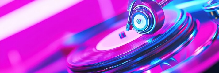 Spinning Vinyl Record Under Neon Lights in Retro-Inspired Studio Setting