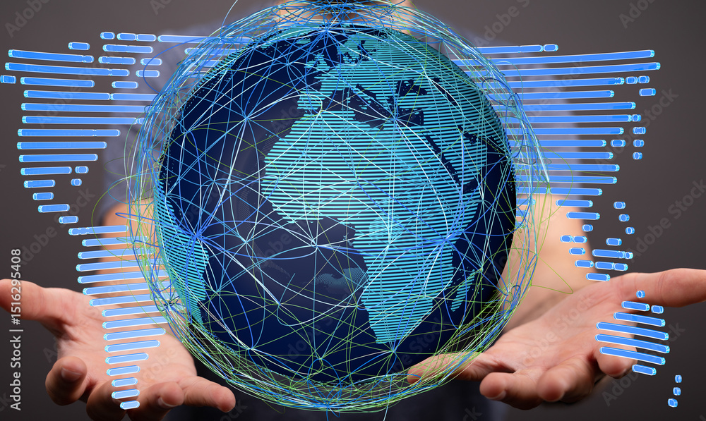 Poster abstract image of a person holding a digital globe, representing global connectivity and networking.