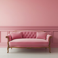 This image features an elegant pink vintage sofa set against a monochromatic pink wall with decorative panel molding. 