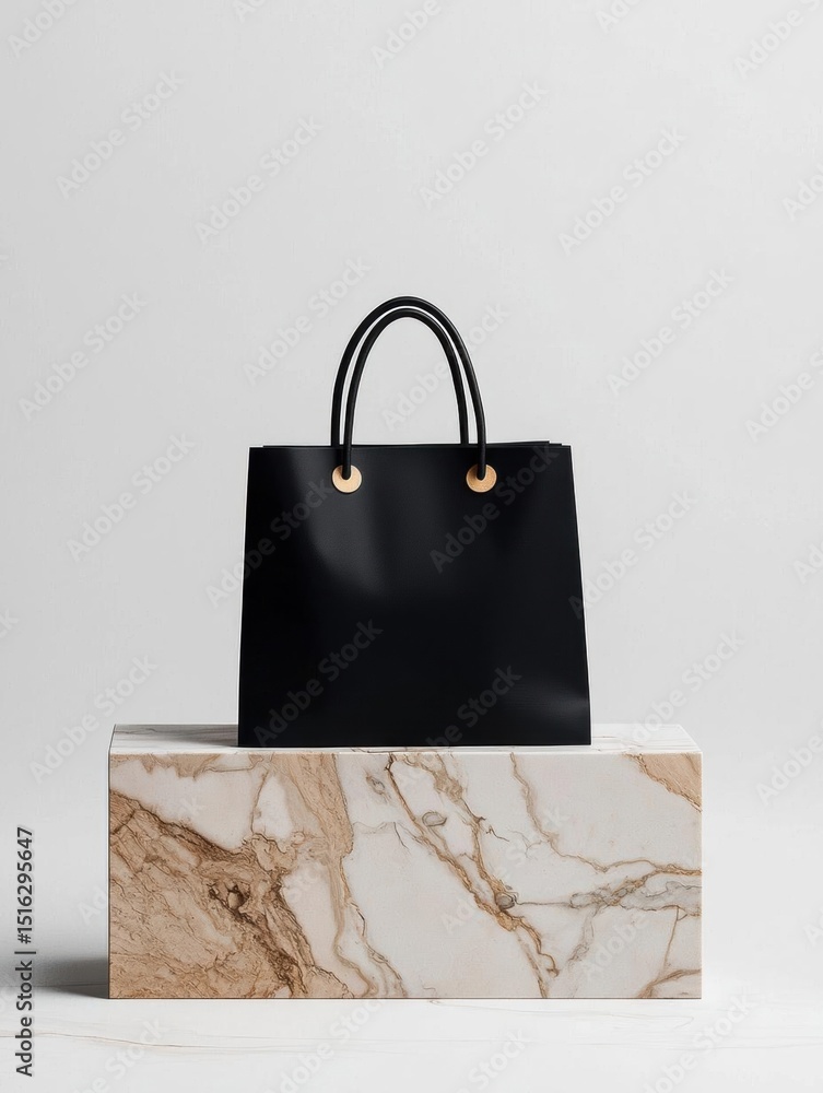 Poster black tote bag with two gold handles on top of a white marble block. the bag appears to be made of a