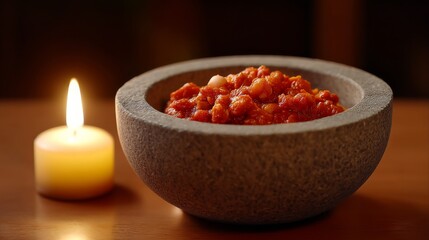 Low-key Shot of Crushed Chili in Textured Stone Bowl with Candle in Dimly Lit Setting