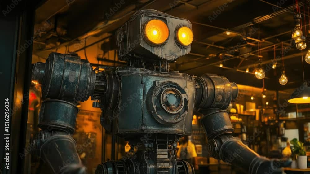 Poster a robot sits at a bar with a drink, ready for socializing