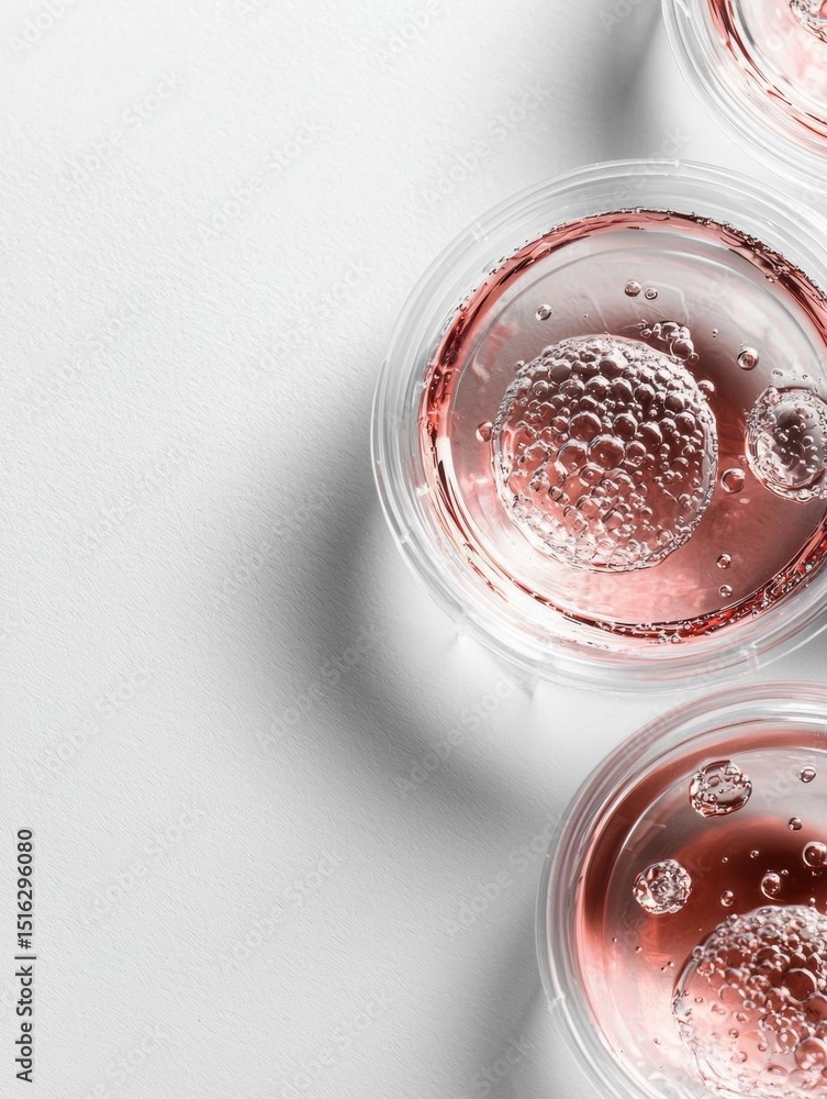 Poster three small plastic cups filled with a pink liquid. the cups are placed on a white surface and are a