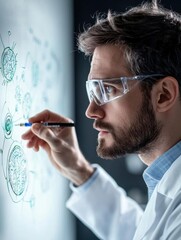 Young man wearing a white lab coat and safety goggles. he is standing in front of a whiteboard and is holding a pen in his right hand.