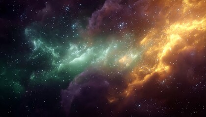 Naklejka premium Celestial Tapestry Emerald Nebula, Fiery Cloudscape, Cosmic Glitter, and Starry Background