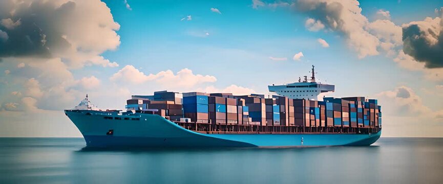 A colossal cargo ship sails through a shimmering blue ocean, its deck stacked high with colorful containers 1