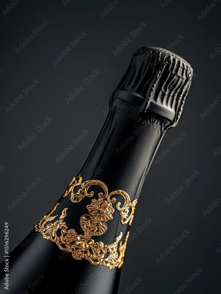 Poster close-up of a bottle of champagne. the bottle is black in color and has a gold label on it. the labe