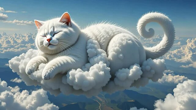 Fluffy white cartoon cat peacefully napping on cloud in blue sky with soft lighting and stylized dreamy look. Concept of comfort and imagination