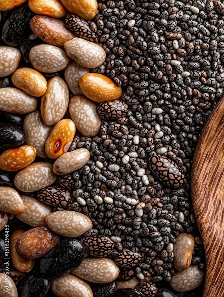 Poster close-up of a wooden spoon filled with different types of beans. the beans are of different sizes an