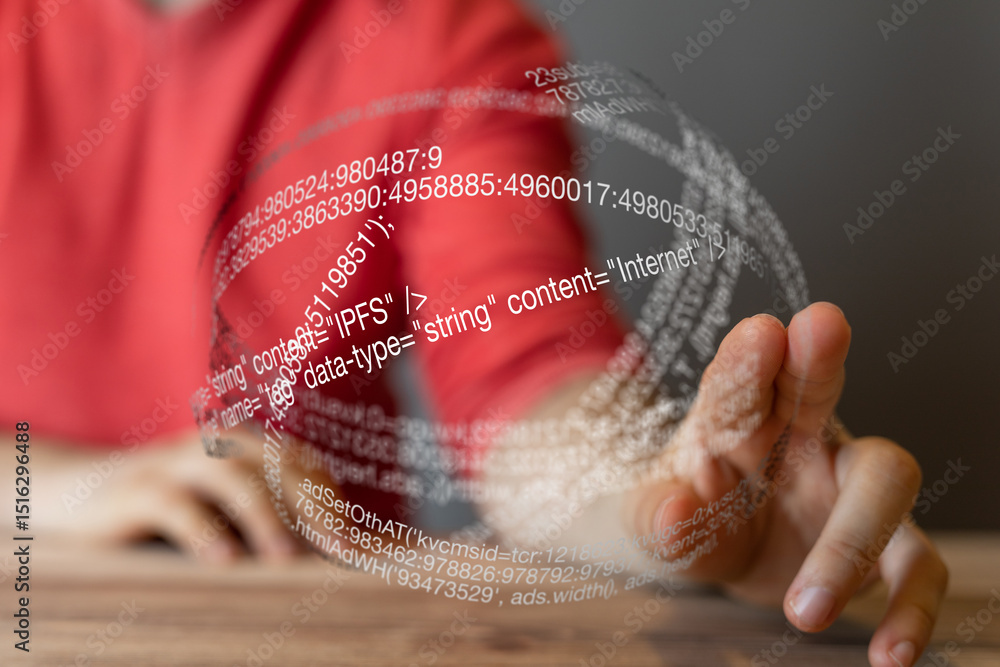 Aufkleber Abstract image of a person interacting with a digital sphere of code, representing data and technology.