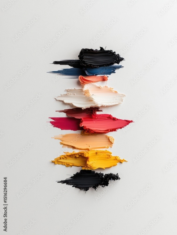 Poster vertical line of colorful paint splatters arranged in a diagonal pattern on a white background. the 