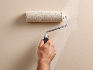 Obraz premium Man painting wall with paint roller, closeup. Space for text. beige color