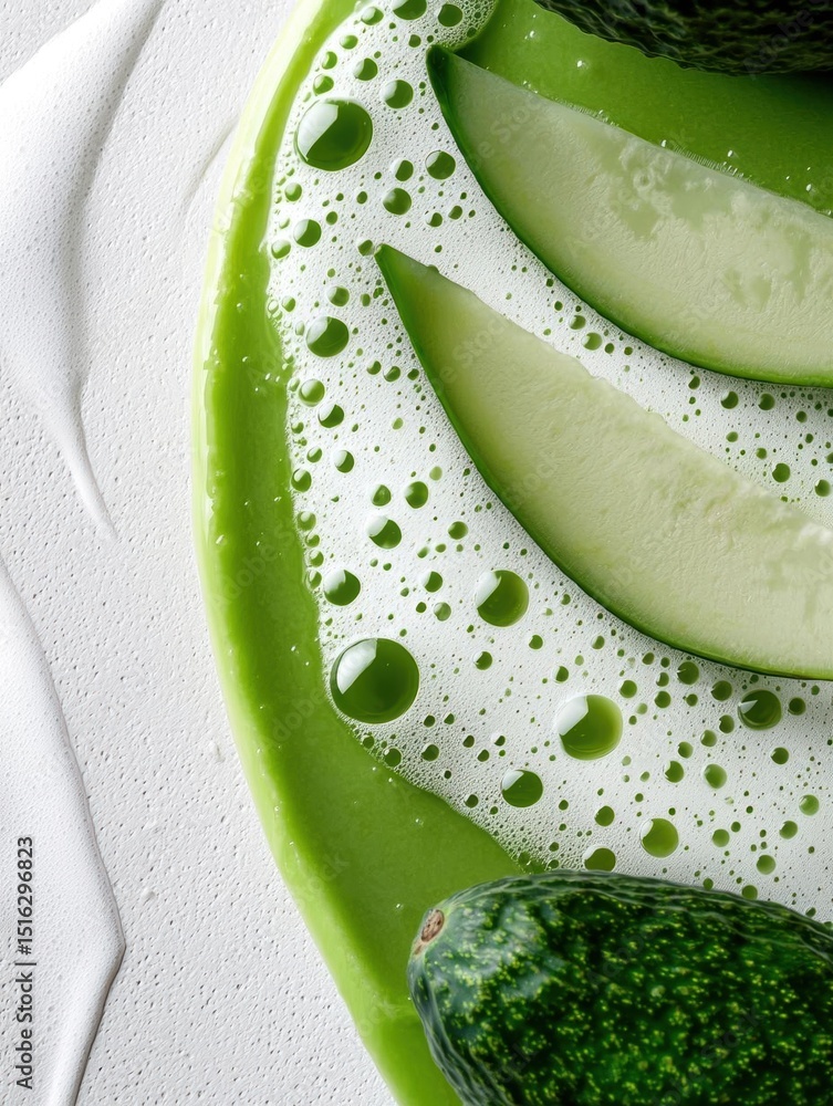 Poster close-up of a green plate with several slices of cucumber arranged on it. the cucumber slices are ar