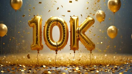 Golden 10K balloons with confetti raining down on sparkling festive golden floor and blurred light particles in background. Celebration milestone concept - Powered by Adobe