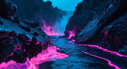 Neon River Flowing Through Rocky Canyon, A Surreal Landscape Illustration.