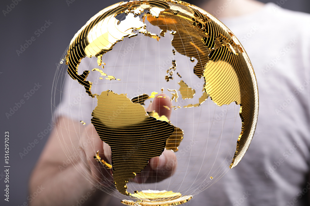 Poster Hand interacting with a golden 3D globe, symbolizing global connections and networking.
