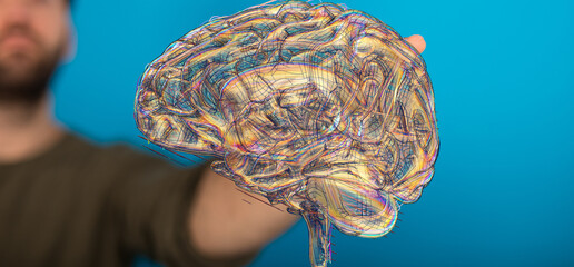Abstract brain model held in hand. Perfect for neurology, neuroscience, AI, and mental health...