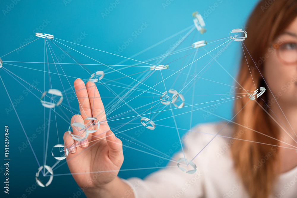 Poster abstract image of a woman interacting with a digital network, showcasing connection and technology.