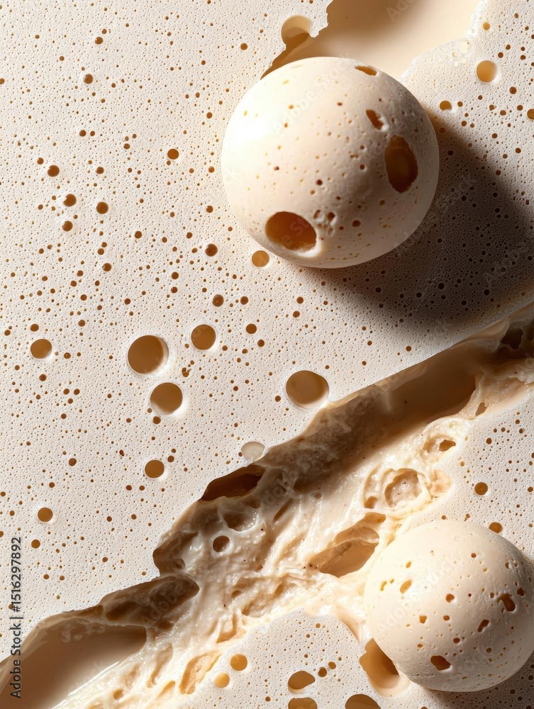 Poster two white eggs on a beige background with small holes scattered around them. the eggs are placed on 