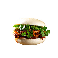 Gourmet Bao Bun with Glazed Pork Belly and Fresh Garnish, Natural Light Setting Transparent Background PNG