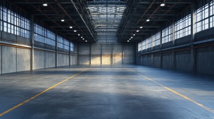Vast empty warehouse interior illuminated by natural light streaming through windows