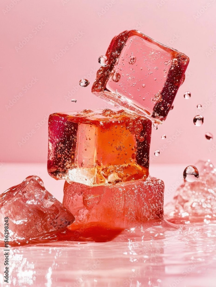 Poster three ice cubes falling into a pool of water. the ice cubes are of different sizes and colors - one 