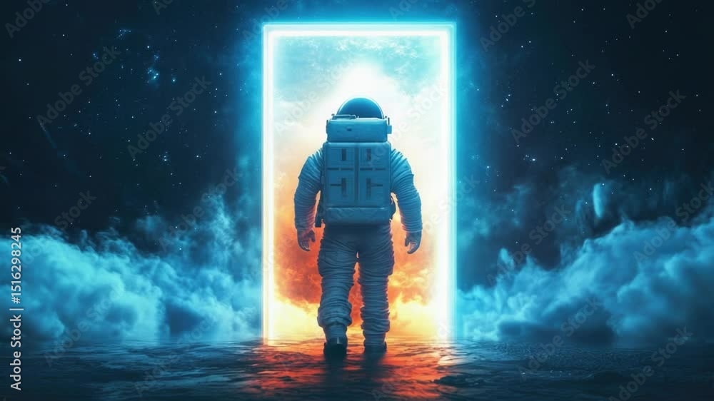 Poster astronaut in space suit standing at airlock entrance, ready for exit or entry