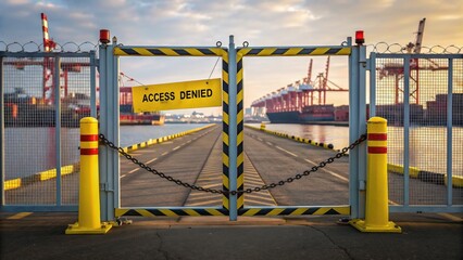 Metal Gate with "Access Denied" Sign at a Busy Shipping Port During Sunset