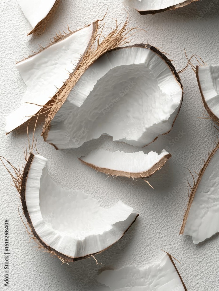 Poster group of coconut shells scattered on a white surface. the shells are of different sizes and shapes, 