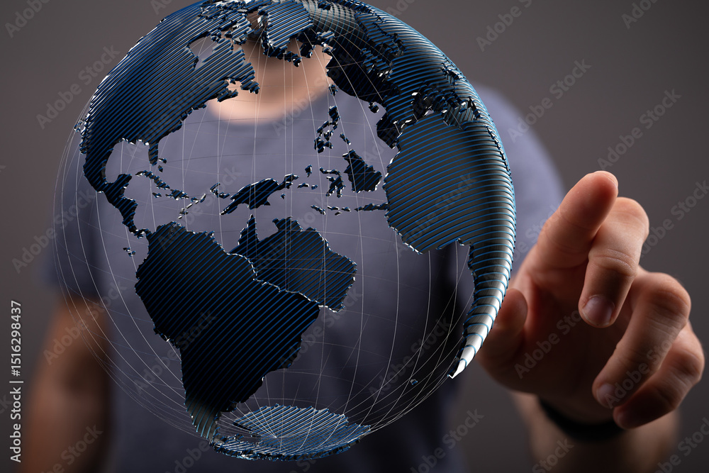 Poster Abstract image of a hand interacting with a digital globe, representing global connectivity and networking.