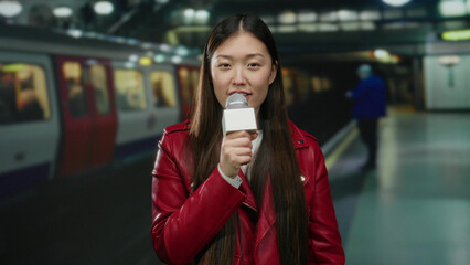 Woman talking into microphone at indoor train station in china wearing red jacket with blurred...